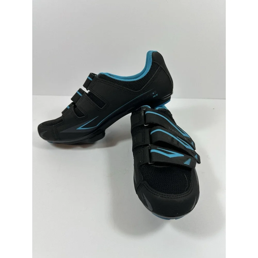 Venzo Cycling Shoes Womens 9 Mens 7.5 Black  Mesh Turquoise Blue W/Cleats 3 Bolt